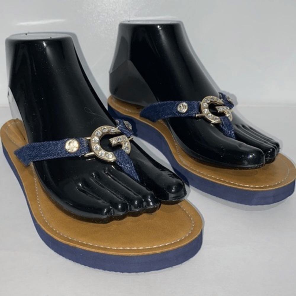 G‎ By Guess Women's Blue Rhinestone Logo Embellished Flip Flop Sandals Size 6M